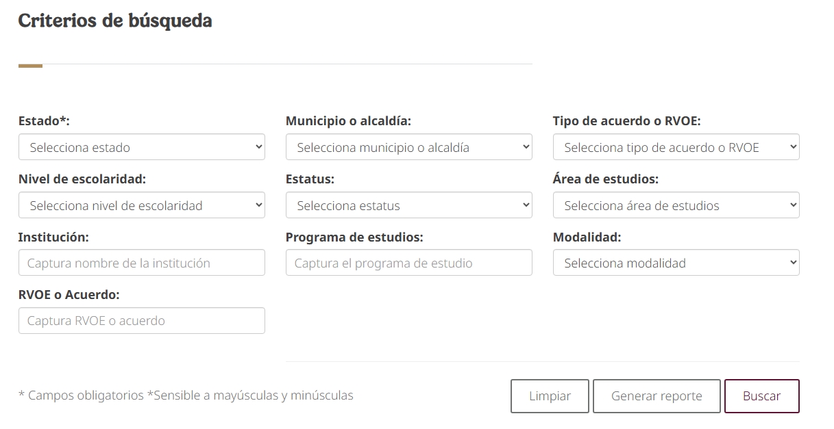 Formulario de consulta de RVOE
