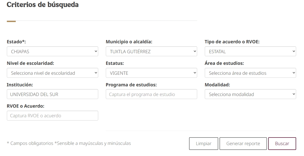 Formulario de consulta de RVOE