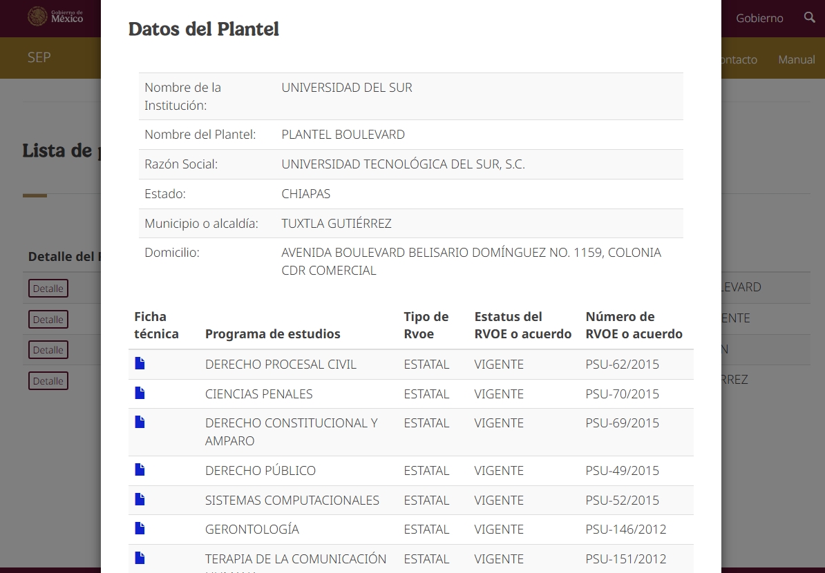 Formulario de consulta de RVOE